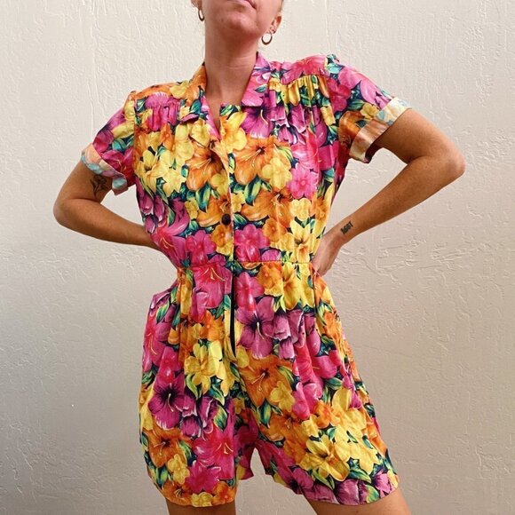 Vintage 1990's Colorful Hawaiian Flower Printed Front Button Up Romper - Picture 3 of 6